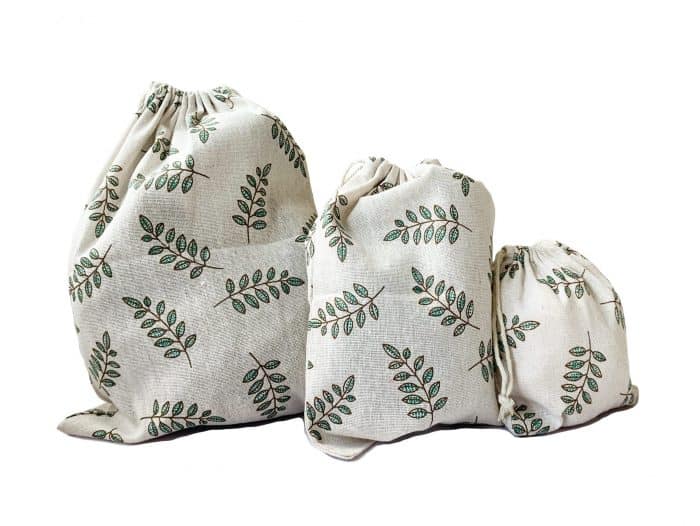 Set of 6 Cotton Drawstring Storage Bags, Leaf and Tower