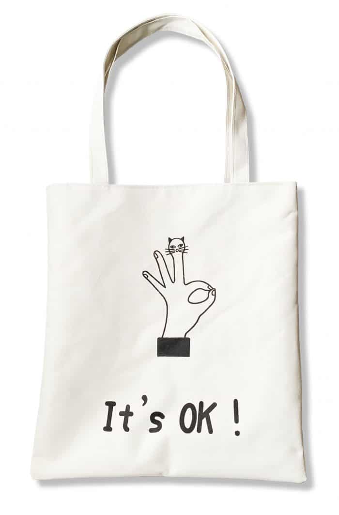 canvas bag with ok cat pattern details